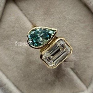 3.00 CTW Green Pear & Emerald Cut Moissanite Ring, Two Stone Diamond Ring, Toi Et Moi Engagement Ring, Yellow Gold Bezel Set Ring, Gift Ring