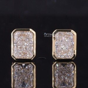 Radiant Cut Moissanite Ring Bezel Set Moissanite Stud Earring 1 + 1 Ct Radiant Cut Stud Earring 14k Yellow Gold Woman Diamond Earring Woman