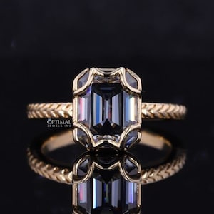 Bezel Set Yellow Gold Ring Moissanite Ring, 2.50 CTW Emerald Cut Grey Moissanite Ring, Solitaire Engagement Ring, Women&#39;s Diamond Ring