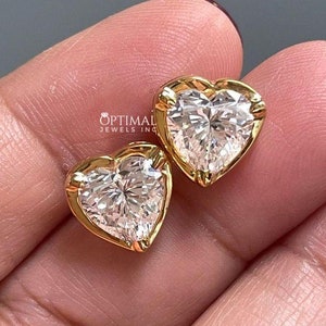 3.00 CTW Heart Cut Moissanite Diamond Earring, Heart Diamond Stud Earring, Bezel Set Earring, Solid Gold Earring, Anniversary Gift For Her