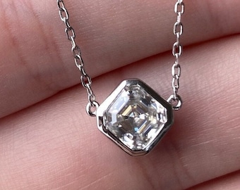 East West Asscher Moissanite Necklace Bezel Set Asscher Cut Necklace 2.00 Ct Solitaire Asscher Diamond Necklace 18&quot; Chain Anniversary Gift