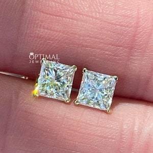 1.60 Ct Princess Cut Moissanite Stud Earrings | 14K Solid Yellow Gold, Screw Back