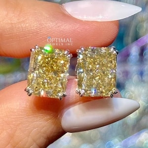 Canary Yellow Moissanite Earring 2 + 2 Ct Radiant Cut Stud Earring Radiant Cut Yellow Moissanite Stud Earring 18k White Gold Diamond Earring