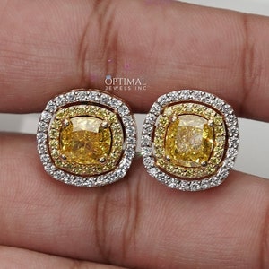 3.50 Carat IGI Certified E/VS2/ Cushion Cut Lab Grown Diamond Earring/ Double Halo Set 18K Gold Wedding Earring/ Yellow Diamond Stud Earring