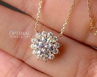 2.00 CTW Flower Shape Diamond Necklace, Round Cut Moissanite Necklace, Halo Diamond Pendant 18&quot; Yellow Gold Chain, Wedding Gift For Women