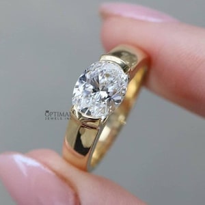 1.50 CTW Oval Cut Moissanite Diamond Ring, Half Bezel Yellow Gold Ring, East West Oval Solitaire Engagement Ring, Anniversary Gift For Women