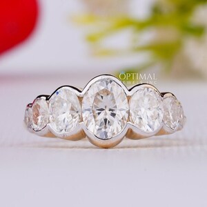 18K Solid Yellow Gold Ring/ Oval Cut Moissanite Engagement Ring/ Cluster Set Diamond Ring/ Seven Stone Ring/ Bezel Set Moissanite Ring
