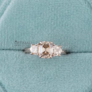 18K Yellow Gold Three Stone Ring/ Champagne Cushion Moissanite Ring/ Cushion OMC Moissanite Engagement Ring/ Prong Set Ring/ Art Deco Ring