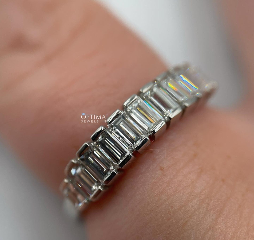 Baguette Cut Moissanite Wedding Band, 1.65 CTW Bezel Set 14K Solid Gold ...