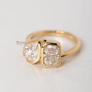 Toi Et Moi Diamond Ring, 3.00 CTW Pear & Radiant Moissanite Engagement Ring, Two Stone Moissanite Ring, Bezel Set Yellow Gold Ring, Gift Her