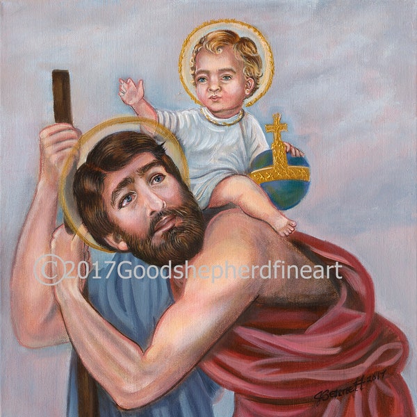 Saint Christopher, Martyr, Patron of Travelers, 8"x10" & 11"x14" Prints on White Card Stock Image taken from my Acrylic Paiting