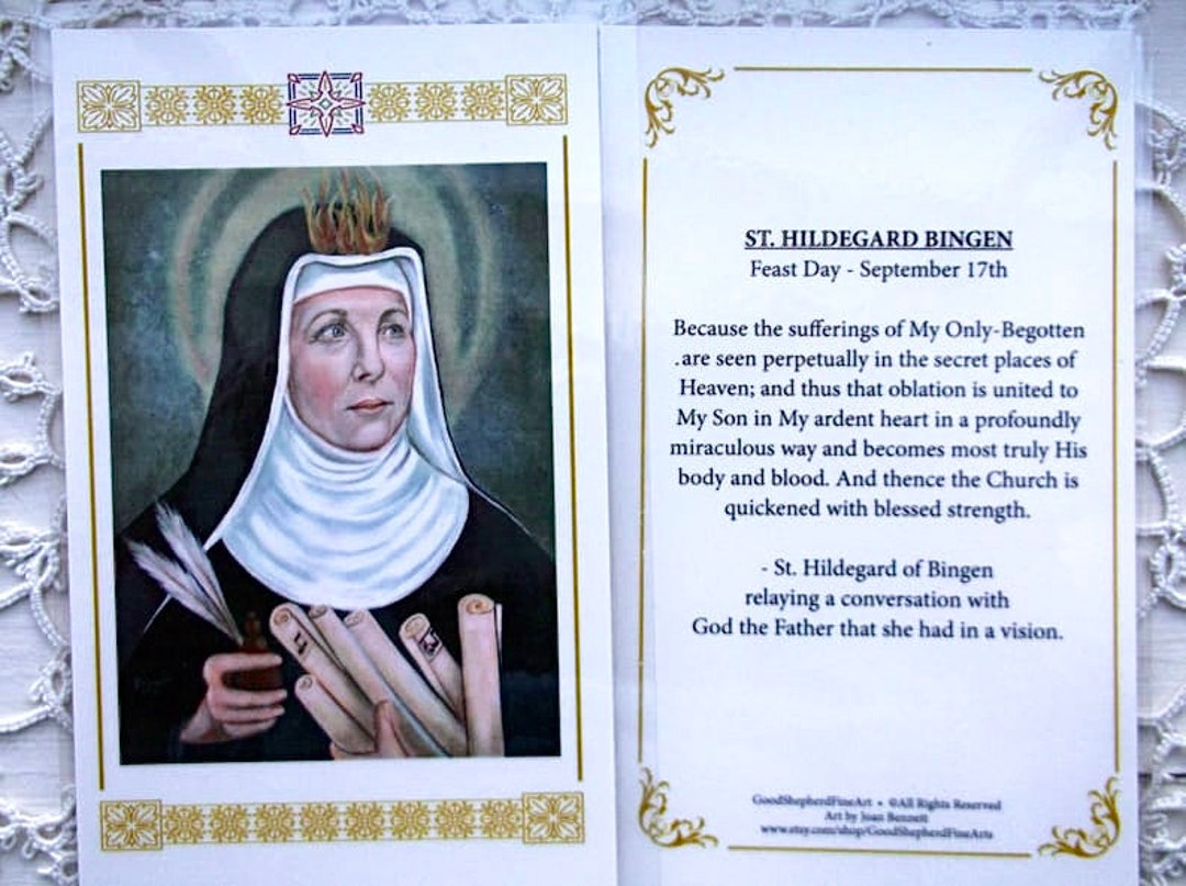 Saint Hildegard Von Bingen 3 5/8x5.5 Laminated Holyprayer Card on Warm