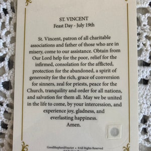 Saint Vincent de Paul Priest and Founder Laminated, Relic Card Prayer Card image 2