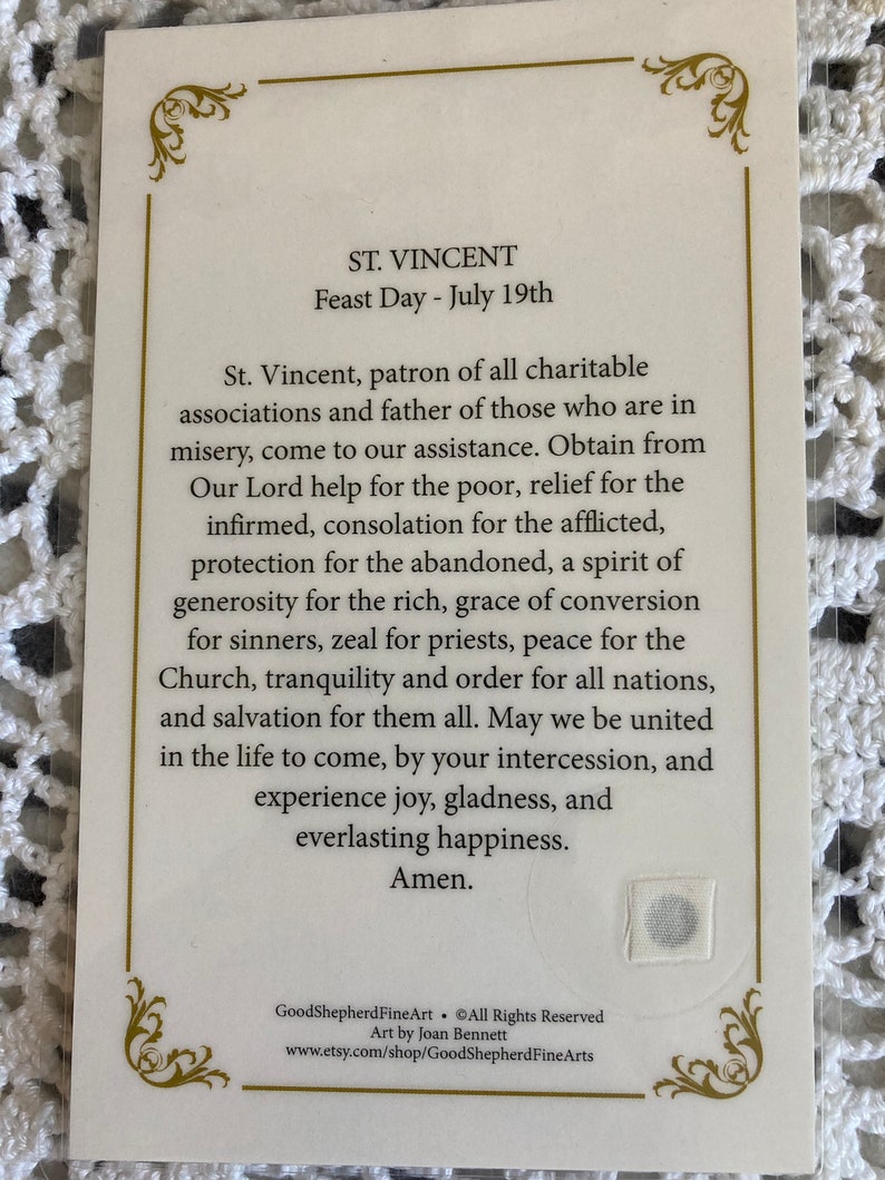 Saint Vincent de Paul Priest and Founder Laminated, Relic Card Prayer Card image 2