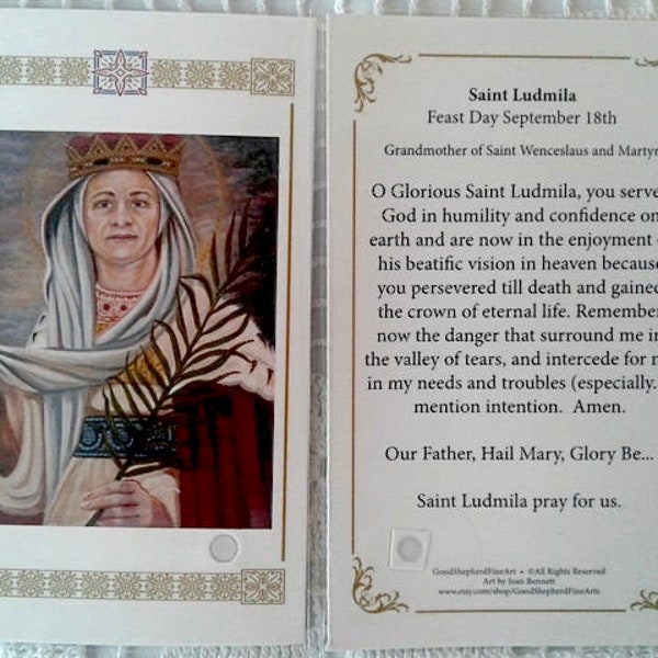 Saint Ludmila of Bohemia Martyr Grandmother of Good King Wenceslaus Laminated Relic-Holy-Prayer Card Original Art, Patron Saint Catholic Art