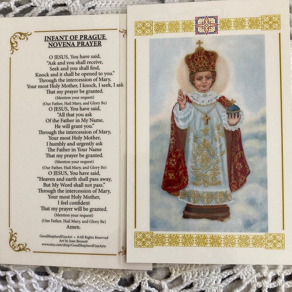 Infant of Prague, Infant King 3 5/8"x5.5" Laminated, Relic, Holy-Prayer Card on Warm White Card Stock, Image taken from my Catholic Art