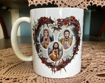 Jesus Mary and St Joseph Coffee Mug Three Hearts