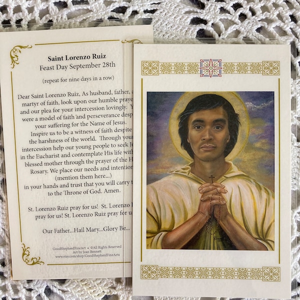 Saint Lorenzo Ruiz, Filipino First St. and Promartyr Laminated Relic, Holy-Prayer Cards From Signed, Acrylic Painting OOAK Original painting