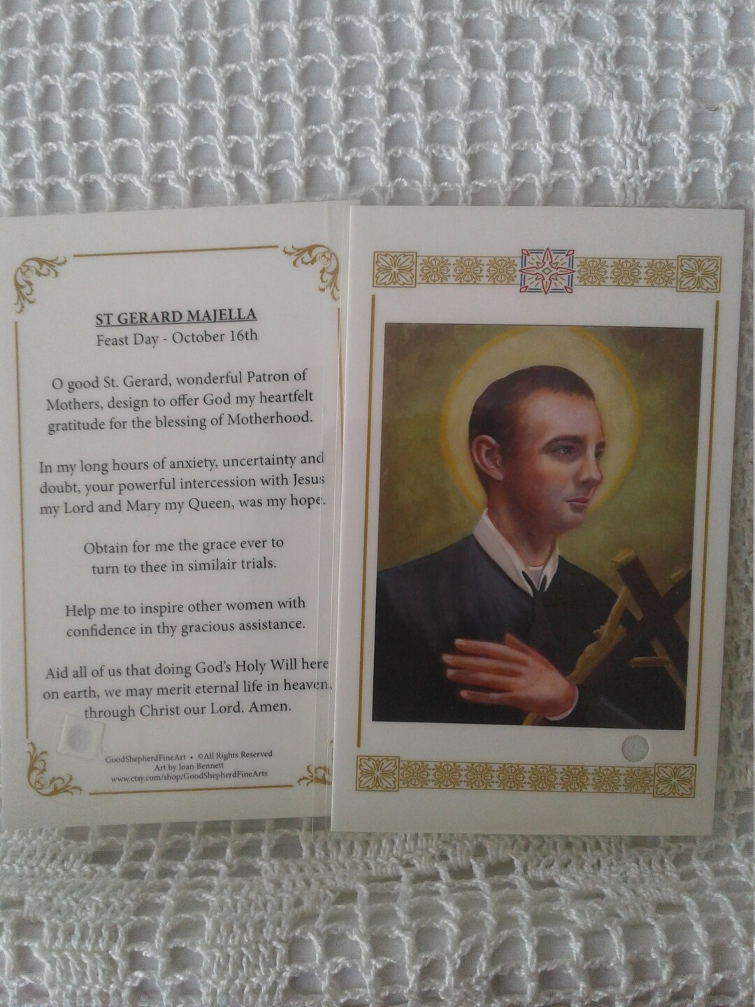 Staint Gerard Majella, 3 3/8x5.5 Laminated Holy Reliccard on Warm