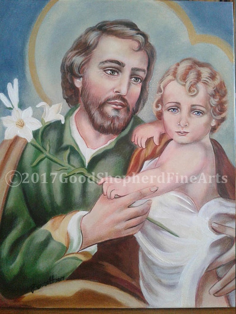 8 X 10 and 11 X 14 Prints taken from my OOAK Original Painting Saint Joseph W Child Jesus Holding Lilly B signed Catholic Art