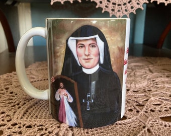 Saint Faustina Coffee Mug Divine Mercy Prayer on the Back Artwork by Joan Bennett