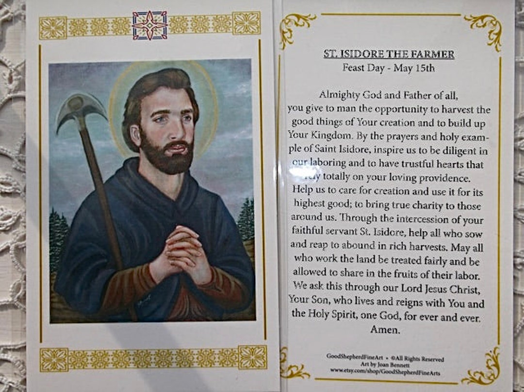 Saint Isidore the Farmer, 3 5/8x5.5 Laminated Holycard on Warm White