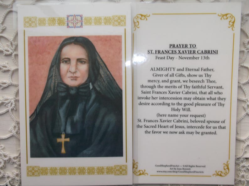 3 58x5.5 Laminated Holy-Prayer Card on Warm White Card Stock Image taken from my Original Acrylic Painting Saint Frances Xavier Cabrini