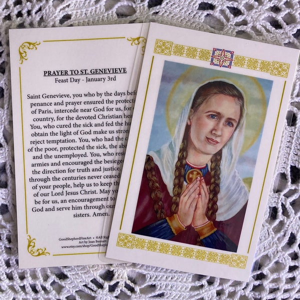 Saint Genevieve, Patron Saint, Relic Holy-Prayer Card on Warm White Card Stock, Image taken from my Signed Acrylic Painting, Catholic Art