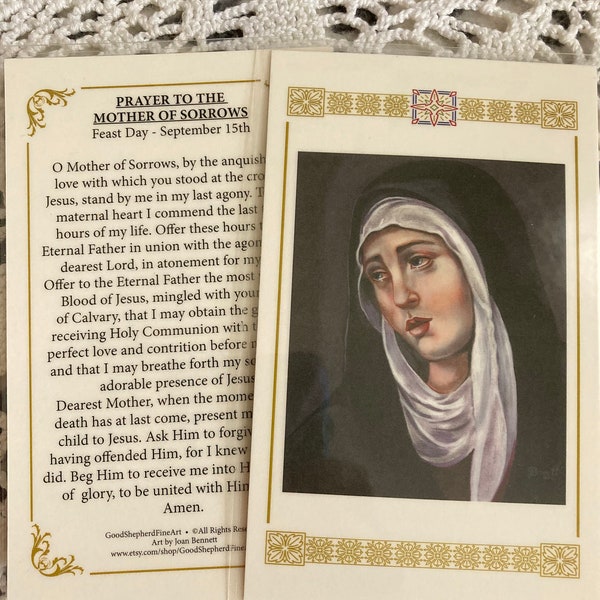 Our Lady of Sorrow 3.5"x5.5" Laminated Holy-Prayer Relic Card on Warm White Card Stock, Patron Saint Image taken from my Original Art Work