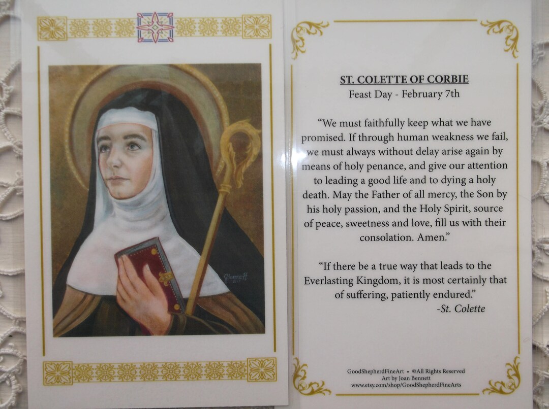 Saint Colette of Corbie, 3 5/8x5.5 Laminated Holyprayer Card on Warm