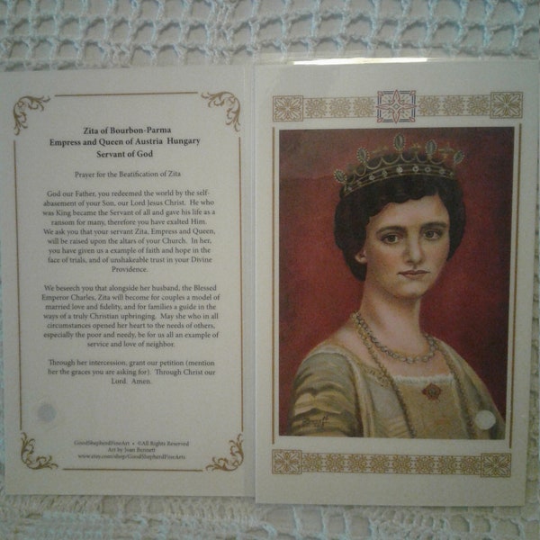 Servant of God Zita of Bourbon-Parma Relic Holy-Prayer Card, Zita Empress consort of Austria, Image taken from my Original Acrylic Painting