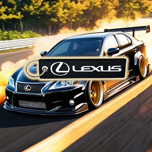 May include: Black and white key chain with the Lexus logo and the word "Lexus" on a black background. The key chain is attached to a silver key ring. The key chain is hanging from a black Lexus car with a gold rim.