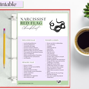 May include: A printable checklist with a purple background and a black mask icon. The checklist is titled "Narcissistic Red Flag Checklist" and includes two sections: "Inflated Ego" and "Fragile Ego".