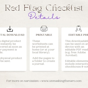 May include: A printable red flag checklist with three sections: Digital Download, Printable, and Editable PDF. Each section describes the format and features of the checklist.
