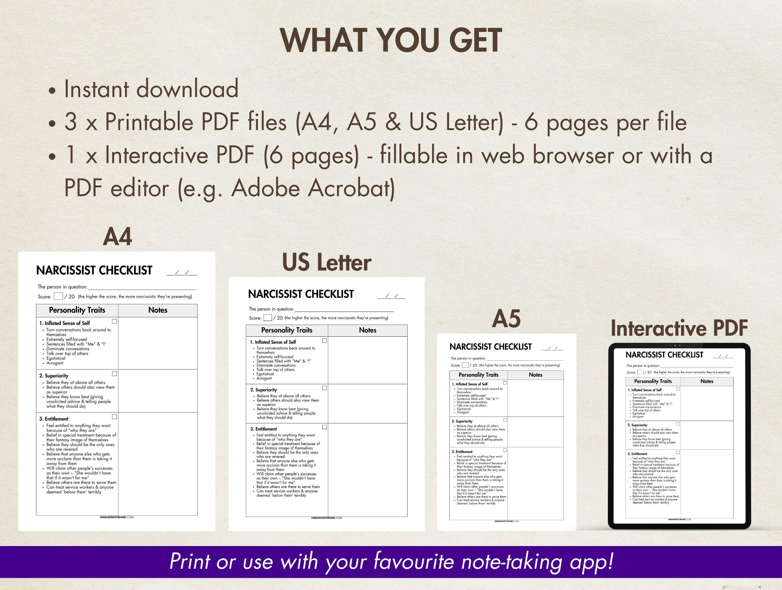 Npd Worksheets.pdf Narcissist Checklist Printable, Digital Narcissistic Abuse Healing ...