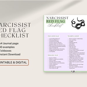 May include: A printable checklist with a black and white mask illustration. The checklist is titled "Narcissist Red Flag Checklist" and includes two sections: "Inflated Ego" and "Manipulation". The checklist is designed for a journal page and includes tickboxes.