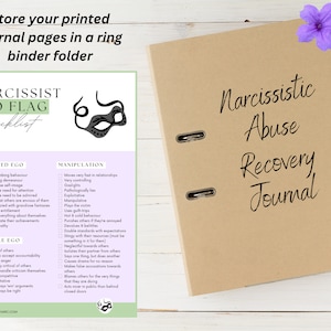 May include: A brown binder with a ring mechanism and the text "Narcissistic Abuse Recovery Journal" printed on the front. The binder is sitting on a white wooden surface with a purple and white flower.