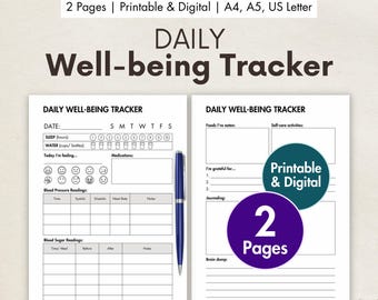 Daily Well-being Tracker Printable, Digital Mental Health Diary, Blood Sugar Pressure Log, Emotions Sleep Food Journal, Brain Dump Template