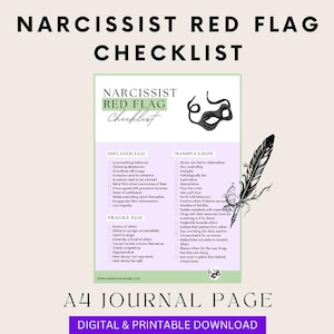 Op de afbeelding: Een printbare checklist met een paarse achtergrond en zwarte tekst, getiteld "Narcistische rode vlaggen checklist". De checklist is onderverdeeld in drie secties: Opgeblazen ego, Manipulatie en Broos ego. Elke sectie somt verschillende rode vlaggen op die verband houden met narcistisch gedrag. De checklist is ontworpen om te worden afgedrukt op een A4-journaalpagina.
