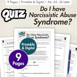 Utskrivbart QUIZ om narcissistiskt missbrukssyndrom, digitala återhämtningssidor för att återhämta sig från missbruk, journal över komplex PTSD, traumaarbetsblad, terapiarbetsbok
