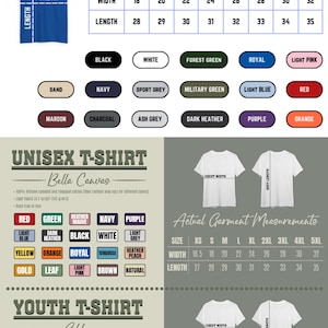 Peut inclure: Un tableau des tailles pour t-shirts unisexes de Gildan et Bella Canvas. Le tableau indique les mesures de largeur et de longueur en pouces pour diff&eacute;rentes tailles, de XS &agrave; 5XL. Le tableau comprend &eacute;galement un tableau des couleurs avec diff&eacute;rentes couleurs pour chaque marque.