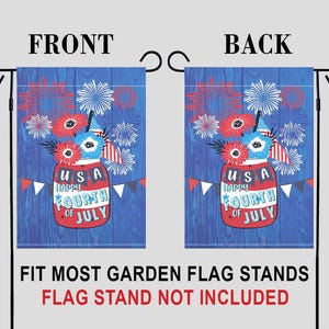 May include: A blue and white garden flag with a mason jar filled with red, white, and blue flowers and fireworks. The jar has the text "USA Happy Fourth of July" on it.