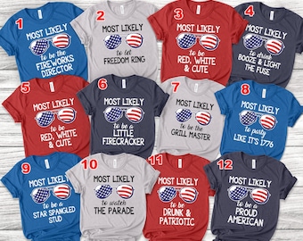 May include: Twelve different t-shirts with a red, white, and blue American flag design. Each shirt has the text "Most Likely" and a funny phrase about the 4th of July.