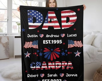 4Th July Personalized Blanket, First Dad Now Grandpa Blanket, Independence Day Grandpa Gift, Soft Cozy Sherpa Fleece Throw Blankets OHSS34