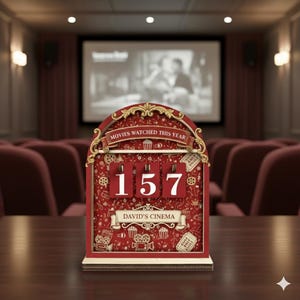 May include: A red and gold wooden movie counter displays "157" with the text "Movies Watched This Year" and "David's Cinema." The counter features movie-themed illustrations and is set in a theater.
