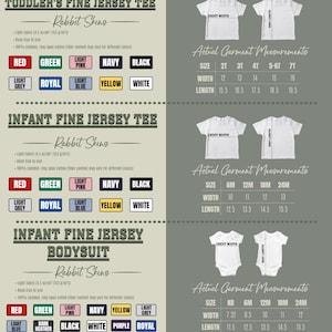 Peut inclure: Un tableau montrant la taille et les mesures des t-shirts et des bodys pour b&eacute;b&eacute;s et tout-petits. Le tableau comprend la taille, la largeur et la longueur de chaque v&ecirc;tement en pouces. Le tableau comprend &eacute;galement un tableau de couleurs avec diff&eacute;rentes couleurs de t-shirts et de bodys.