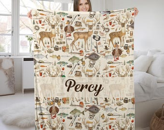 Vintage Hunting Fishing Blanket/Cabin Lodge Blanket/Soft Velveteen Plush Blanket/Toddler Comfy Throw/Bass Deer Duck Catfish Blanket OHOR04