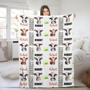 Personalized Cow Baby Blanket, Baby Farm Blanket, Farm Animal Baby Shower Gift, Toddler Birthday Gift, Cow Baby Shower, Cow Nursery SKXZ29