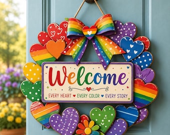 Rainbow Heart Welcome Wooden Sign, LGBTQ Pride Door Hanger Love Is Love Wreath Colorful Front Door Decor, Inclusive Home Gift SRD-WXM06