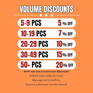 May include: Orange background with a white box containing a volume discount chart. The chart shows the discount percentage for different quantities of items purchased. The text reads "VOLUME DISCOUNTS" and includes the following: "5-9 PCS 5% OFF", "10-19 PCS 7% OFF", "20-29 PCS 10% OFF", "30-49 PCS 15% OFF", "50+ PCS 20% OFF". Below the chart, the text reads "How can you receive our discount? Submit your order as usual. Message us to confirm. Receive a discount via the refund."